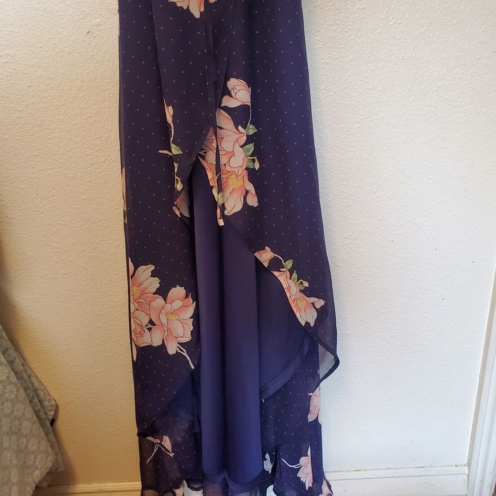 Lulus Maxi Dress Loiselle Navy Blue Floral Print Polka Dot Wrap Dress Size M NWT - Picture 3 of 16